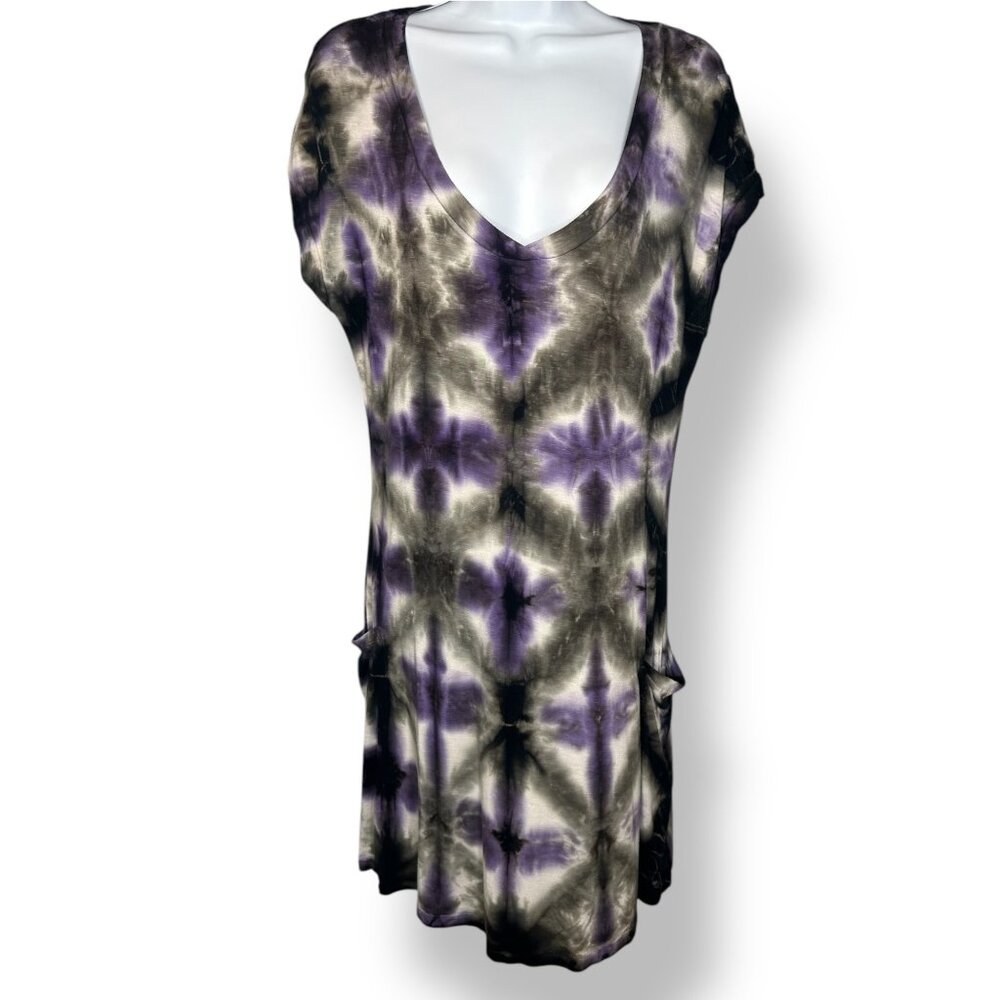 Lucky Brand Tie Dye Swimsuit Cover Up Dress Purple & Gray V-Neck Cap Sleeve Beac